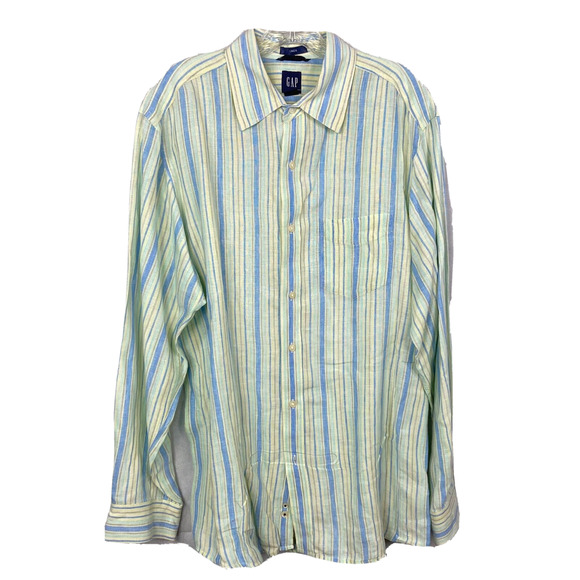 GAP Shirt Men Sz L Green Blue‎ Striped 100% Linen Long Sleeve Collared Button Up - Picture 1 of 8
